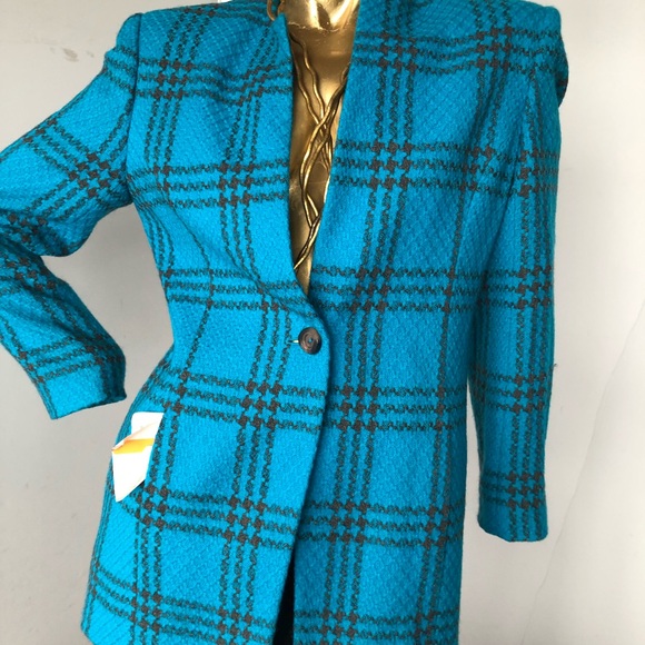 Vintage 1980s  Liz Claiborne  bold blue and black wool plaid blazer - Picture 5 of 11